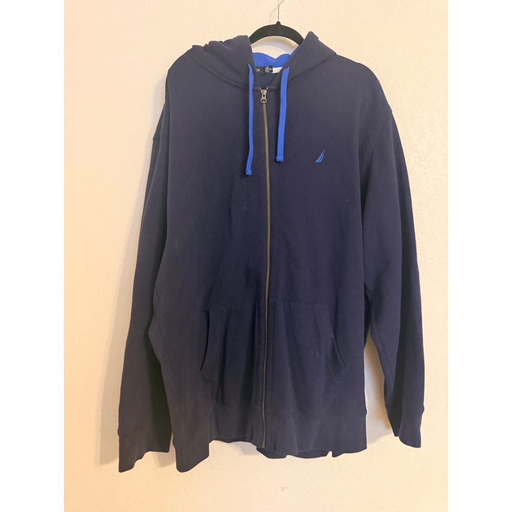 Nautica Mens 3XL Navy Blue Full Zip Fleece Hoodie Royal Blue Contrast Hood Logo